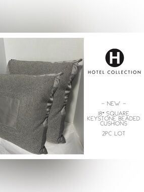 🆕HOTEL COLLECTION - NEW - 2PC LOT - 18” SQUARE BEADED GREY CUSHION / PILLOW